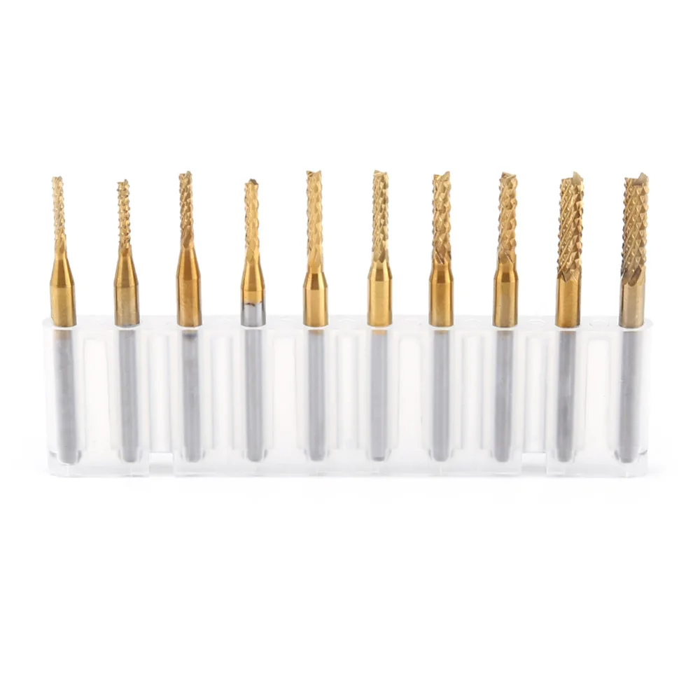 Gold KEWAYO 10Pcs 0.8-3.17 mm Titanium Coat Carbide End Mill Engraving Bits CNC Rotary Burrs Set Tool PCB Mould Plastic Fiber Carbon Fiber Hardwood 1//8 Shank Titanium Plating Material,WIth Box