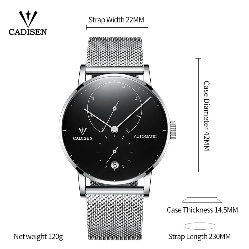  CADISEN Top Mens Watches Brand Luxury Automatic Mechanical Watch Men Full Steel Business Waterproof
