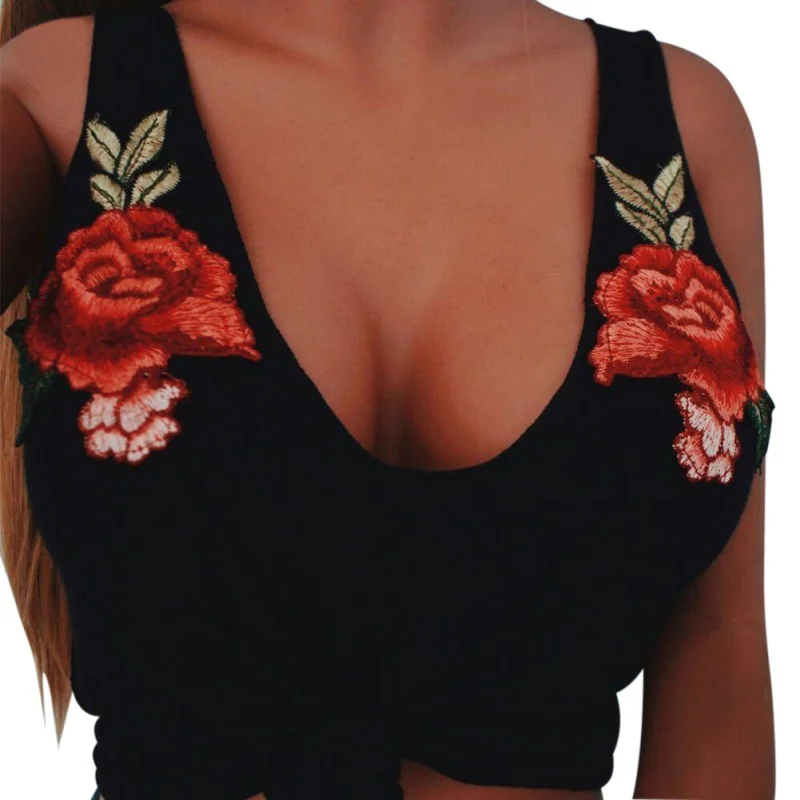 Sexy Women Crop Top Tanks font b Fitness b font Cropped Flower Embroidery Roses Sleevevless Summer