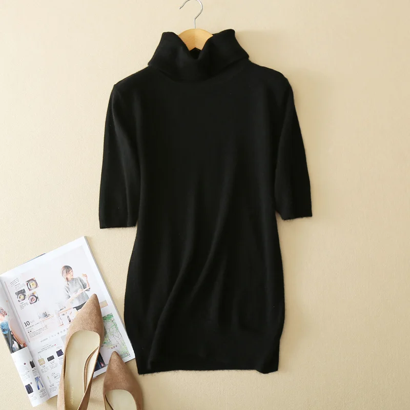 Summer and autumn new ladies cashmere sweater turtleneck sweater short-sleeved solid color simple large size loose comfort Summer and autumn new ladies cashmere sweater turtleneck sweater short-sleeved solid color simple large size loose comfort