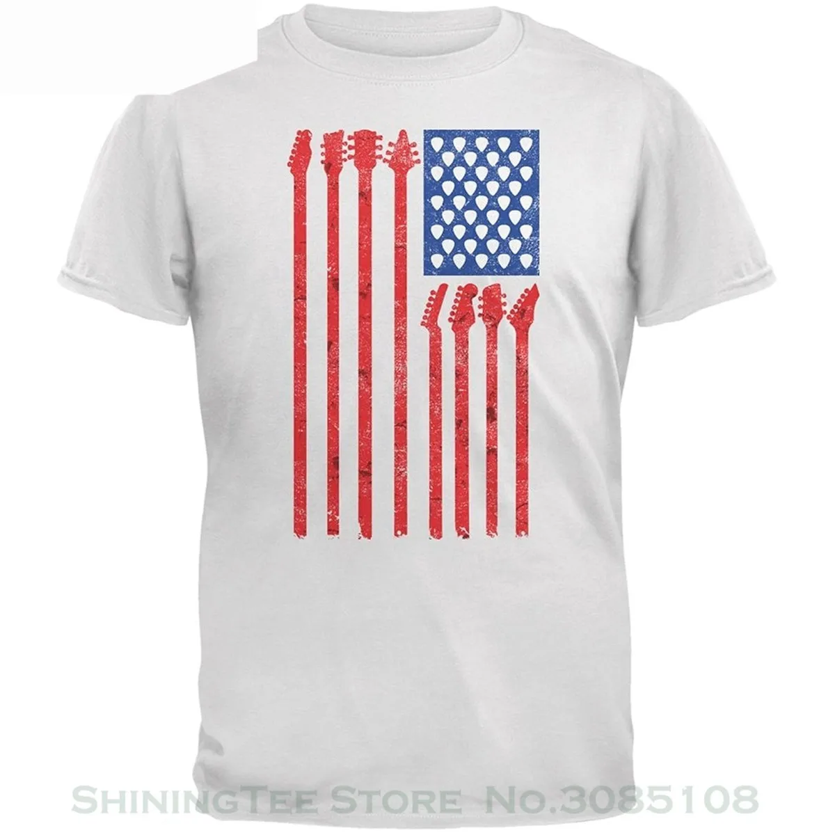 

Tee Shirt Casual Short Sleeve 4th Of July Stars And Strings Guitar American Flag White Adult T-shirt