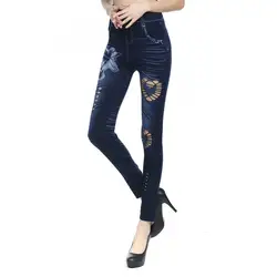 Для женщин леггинсы с цветочным принтом Полые Джинсы Леггинсы мягкие дышащие высокие эластичные бесшовные брюки джинсовые леггинсы