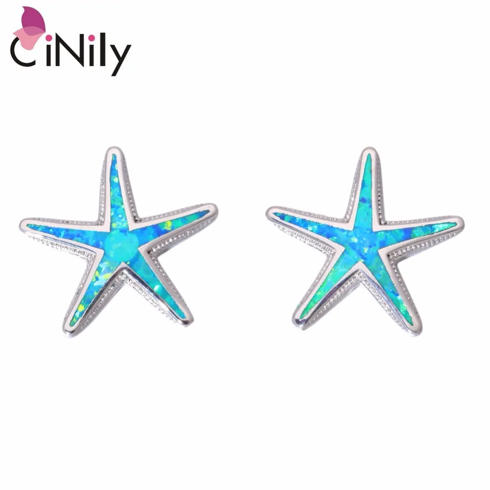 CiNily создан Голубой Белый огненный опал Посеребренные Звезда Форма для женщин ювелирные изделия помолвка серьги гвоздики 16 мм OH4402-03