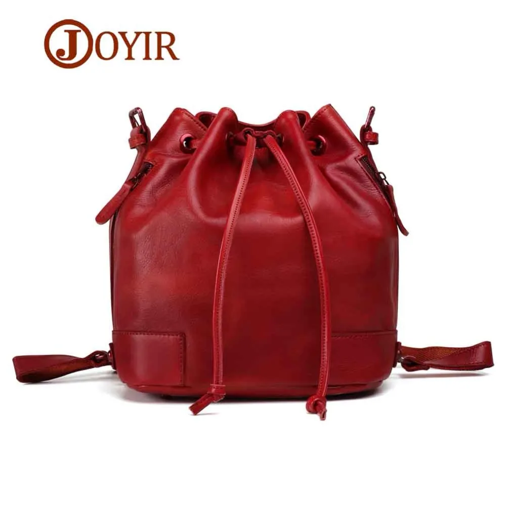 JOYIR Vintage Fashion Women Genuine Leather Bucket Bag Tassel Drawstring Shoulder Bag Messenger Crossbody Bags Multifunction Bag