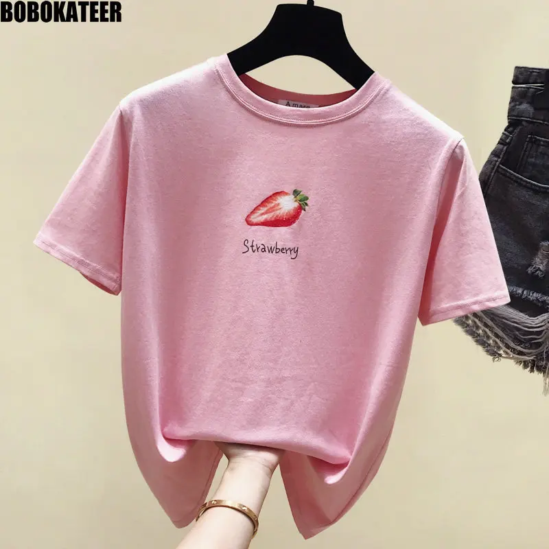 

BOBOKATEER Vintage White T shirt Women Harajuku Kawaii Clothes Summer Tshirt Tops Short Sleeve Pink Tee Shirt Femme New 2019