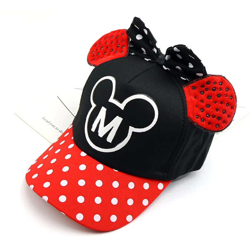 Шляпка для Девочки уши Микки бант узел дети Snapback мальчик демисезонная бейсболка Beanie ведро Кепка s Осень Дети мальчики девочки шляпа от солнца - Цвет: black M