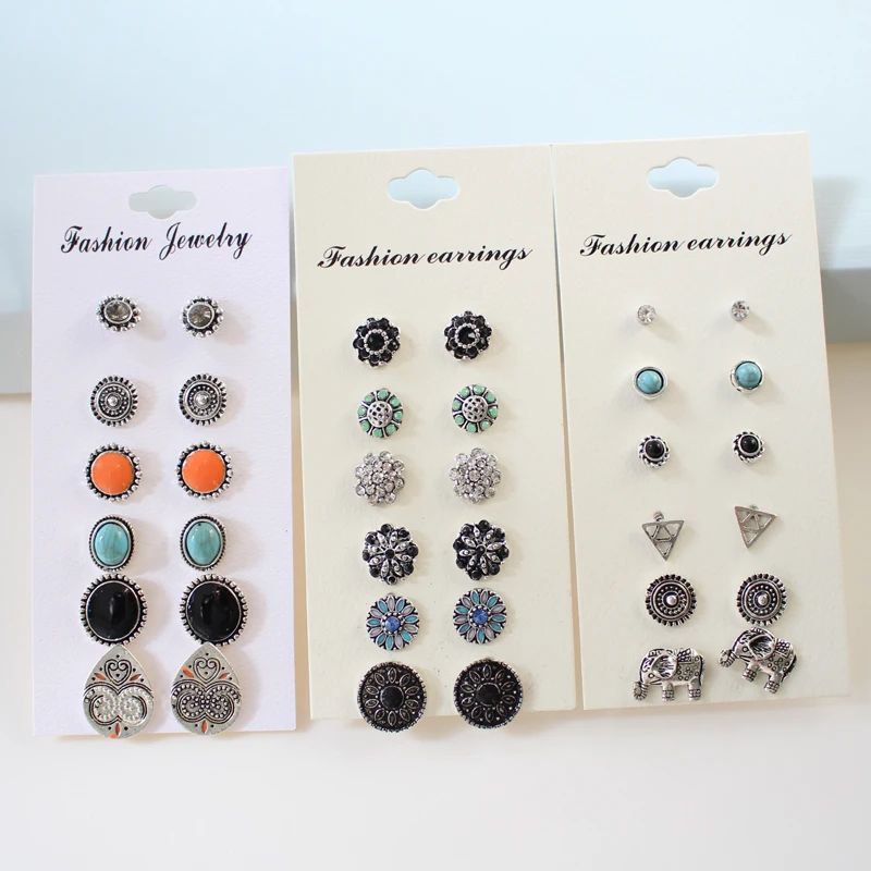 

6pairs/set Newest Fashion Bohemian Triangle Elephant Rhinestone flower Ethnic Carved Metal Stud Earring Set For Women Girls