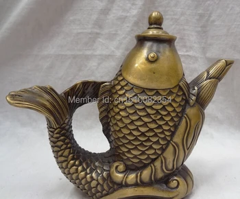 

9" Chinese Bronze Wealth Jump Fish Ball Statue Bamboo Shoots Wine Pot Teapot Set