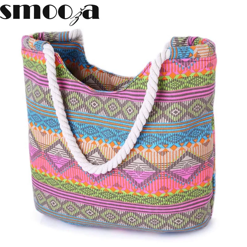 

SMOOZA New Women Handbag Canvas Floral Printing Shoulder Beach Bags Casual Female Tote Shopping Bag Bolsa Feminina 2018