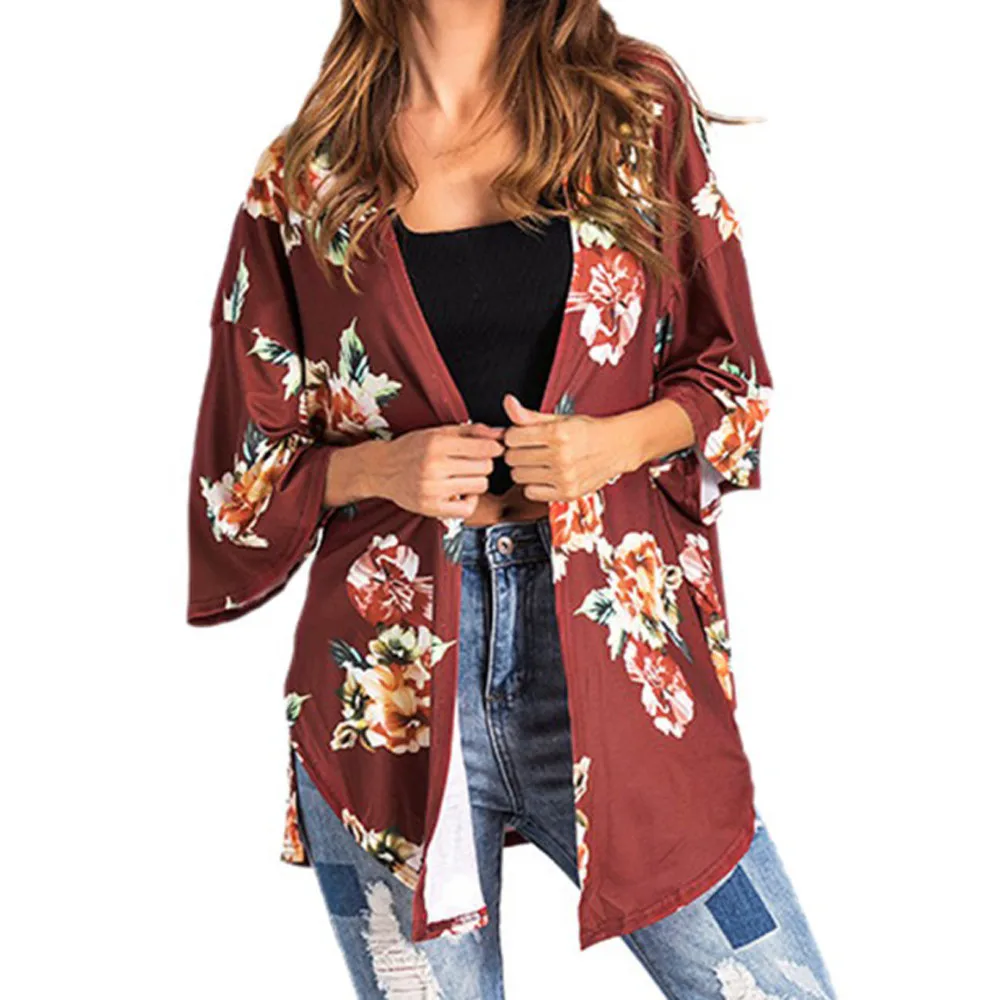 

2019 Summer Floral Print Chiffon Bikini Cover Up Women Swimsuit Cardigan Blouse Smock Beach Tunics Kaftan Beach Pareos Shawl