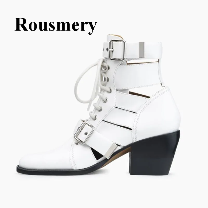 

Newest Summer Spring Buckle Design Pointed Toe And Chunky Heel Lace Up Six Color Genuine Leather Women Ankle boots