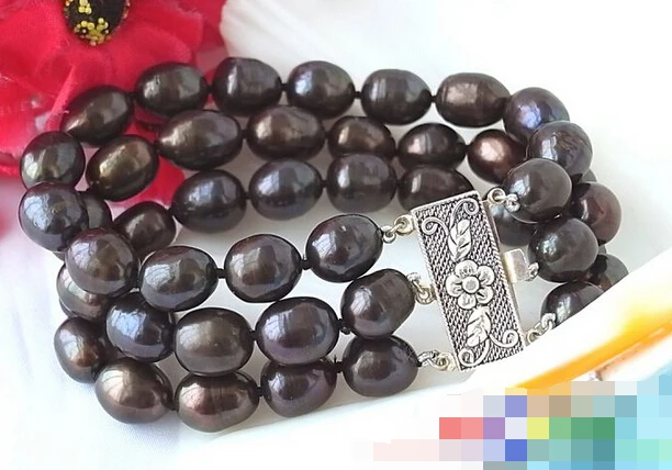 

free shipping 12679 3ROW RICE BLACK FW CULTURED PEARL BRACELET