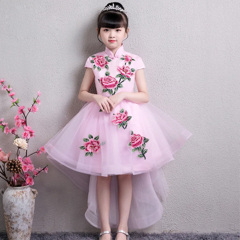 

2018 Summer Autumn New Baby Kids Sweet Pink Embroidery Flowers Princess Tail Dress For Birthday Wedding Party Little Girl Dress