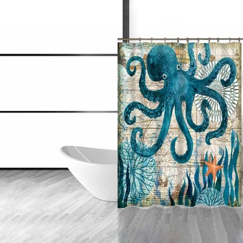 

decorUhome Polyester Waterproof Cartoon Marine Octopus Shower Curtain Bathroom Curtains 12 Hooks Decor Mildewproof Bath Curtain