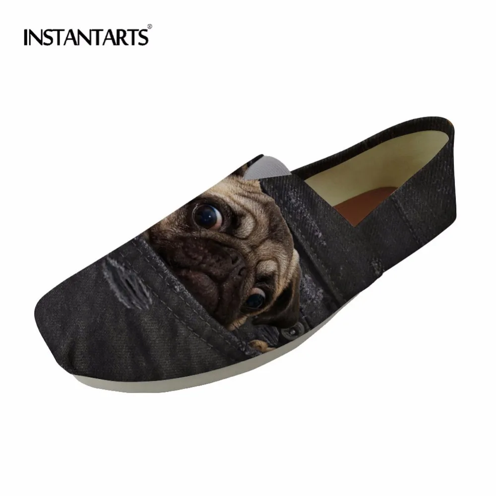 INSTANTARTS Summer Loafers Casual Shoes 3D Cute Black Denim Dog Cat Design Women Slip On Canvas Slacker Shoes Pug Dog Flat Shoes