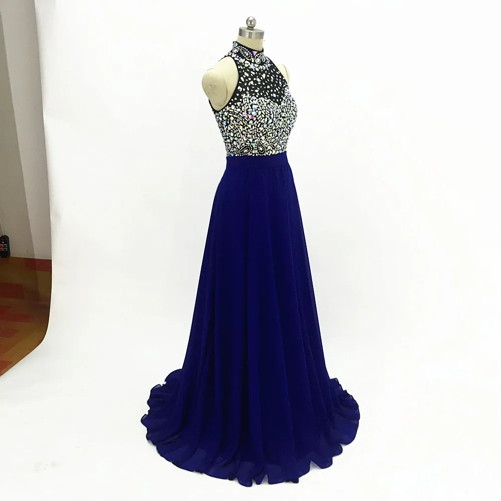 Beading Crystal Long Chiffon Prom Dresses Navy 2020 Royal Blue Open Back Sequined Formal Evening Party Gown Vestido De Festa
