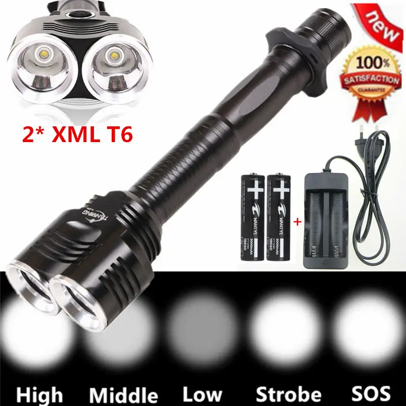 

4000LM Tactical LED Flashlight Torch 2x CREE XM-L T6 Outdoor Flashlamp 5-Mode 2T6 Hunting Lantern lamp +18650 Battery Charger