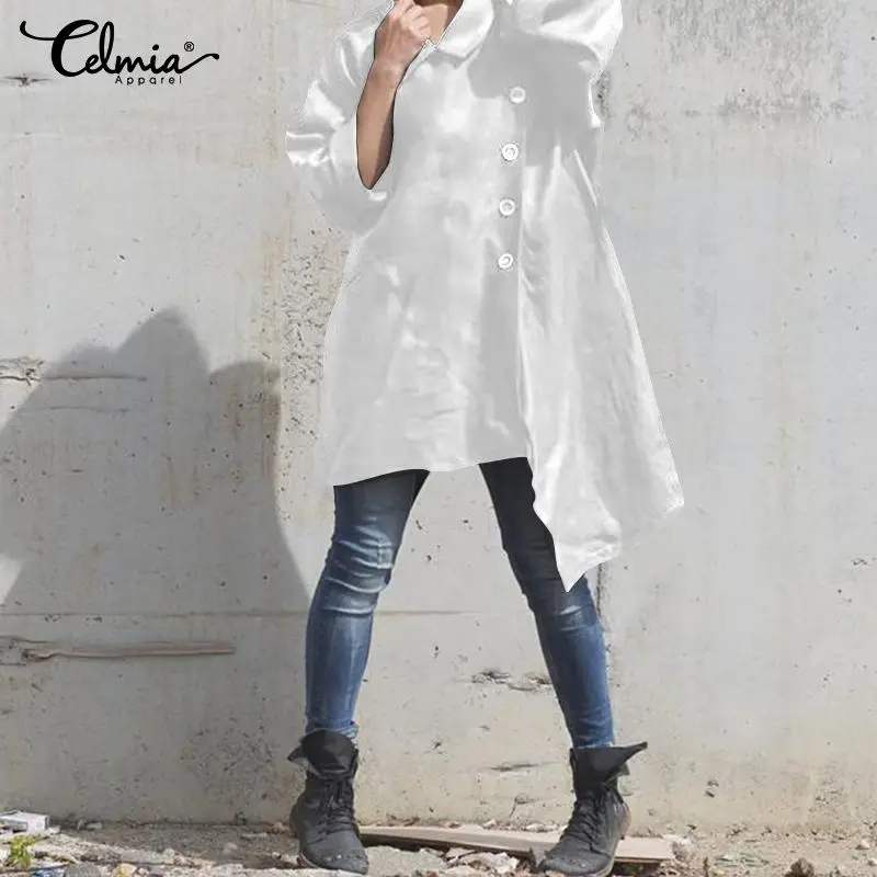 Skup 2019 Celmia kobiety Retro bluzka moda asymetryczne bluzki dama z długim rękawem przyciski dorywczo luźna długa koszula Plus rozmiar Blusas Mujer