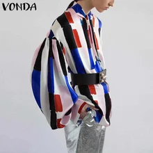 VONDA, женская Свободная блузка, винтажные топы, лето-осень, Blusas, рукав-фонарик, офисные рубашки, Геометрическая Туника размера плюс S-5XL