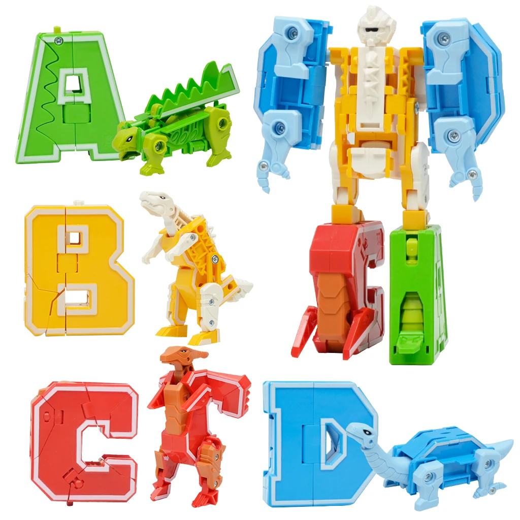 7 Pieces Dinosaur Alphabet Blocks Transform Robots Toy Playset Combinate to Big Robot Early Letter Educational for Kid Boys Gift