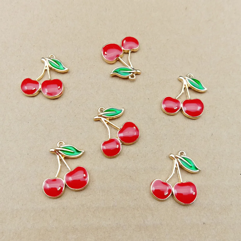 

New Fruit Cherry Charms 50pcs/Lot 19X16mm Gold Tone Plated Red Enamel Alloy Earring Pendants Ornament Accessories Fashion Charms