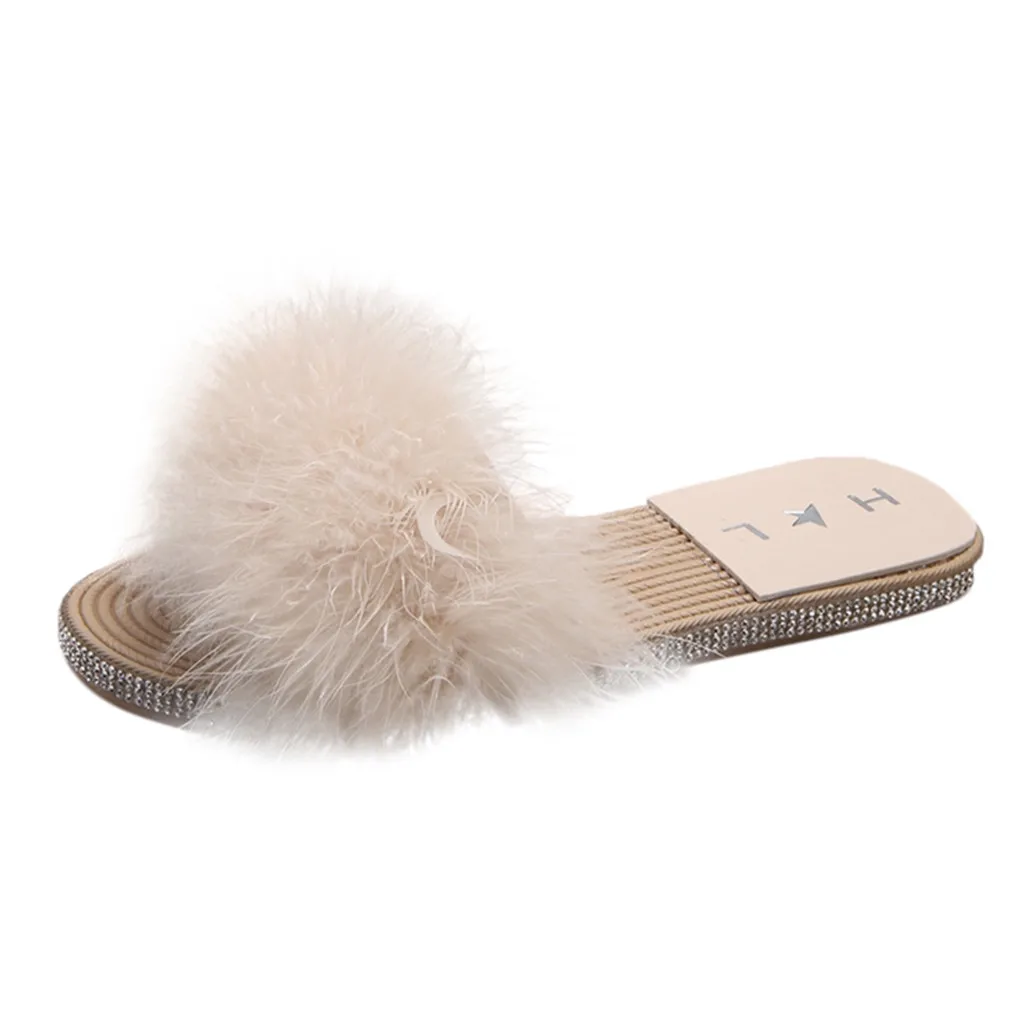

SAGACE Summer fur slippers women's sets of flat-bottomed rhinestones flip-flops casual women's non-slip slippers 2019