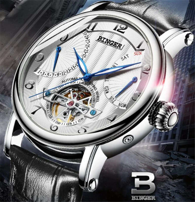 Binger Tonneau Tourbillon Automatic Mechanical Watch for Men Simple Leather Band Mens Watches Wristwatch Business Mans Clock