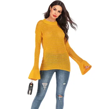 

Hiawatha Pull Femme O-Neck Hollow Out Plus Size Knitwear Women Autumn Flare Sleeve Sweater A103