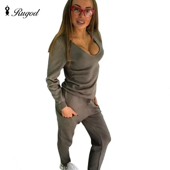 Rugod 2017 New Spring Sexy V Neck Tracksuit Women's 2 two Piece Set Sweater top+ Pants Knitted Suit Solid Twinset In Stock Now