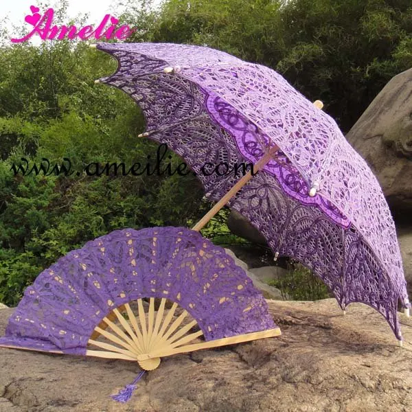 

Free Shipping Purple Lace Parasol and Fan Set,Romantic Bridal Parasol Set