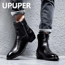 Мужские ботинки из натуральной кожи; сезон осень-зима; высокие ботинки «Челси» на молнии с мехом; модные черные мотоботы с острым носком