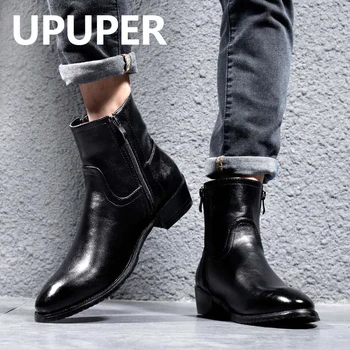 

Genuine Leather Autumn Winter Boots Men High Top Chelsea Boots With Zipper Fur Fashion Pointed Toe Black Motorcycle Boots