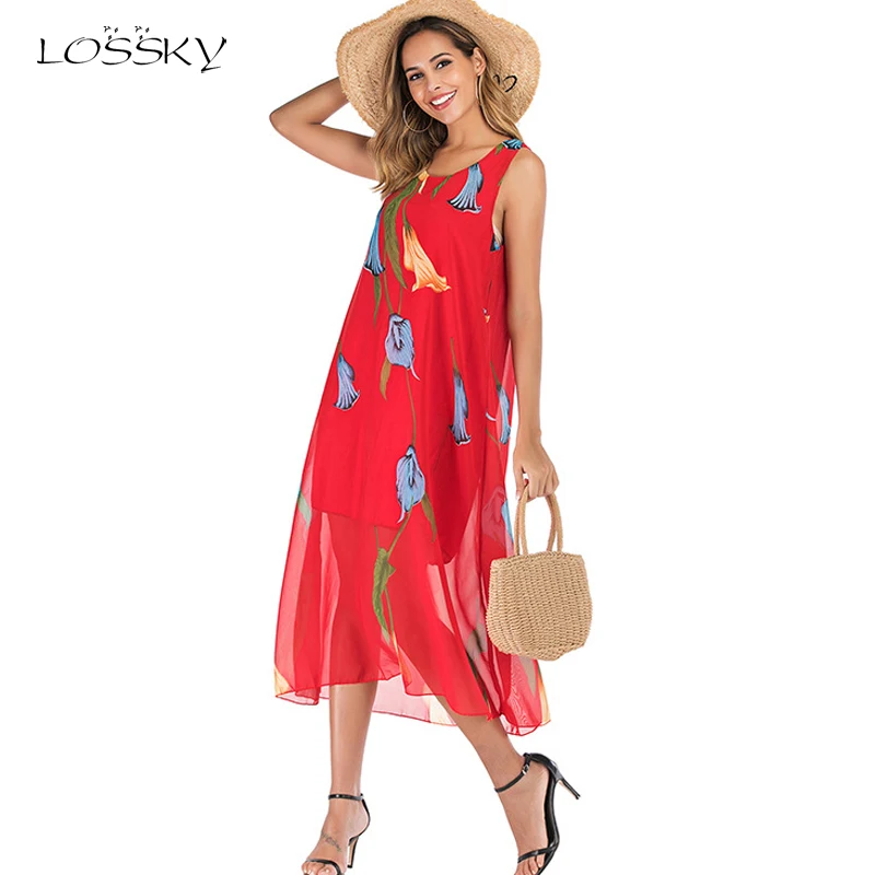 

Lossky Summer Women Floral Printed Chiffon O Neck Sleeveless Midi Tank Dress Loose Mesh Sweetheart Long Sundress Holiday Vestido