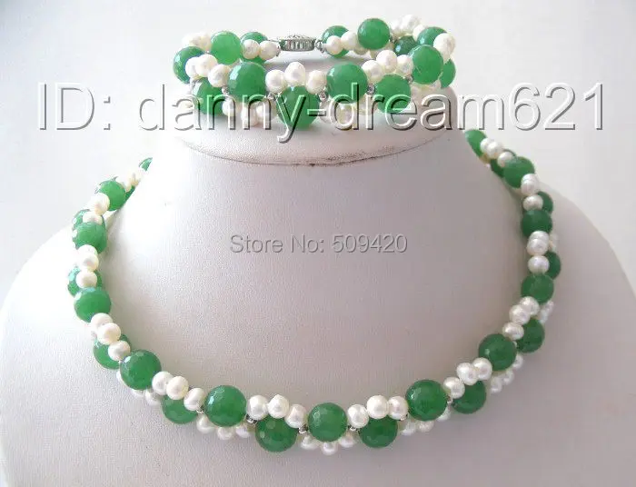 

Free p&p Wholesale FS65630>>>>wonderful white freshwater pearls &green jade necklace a set b893