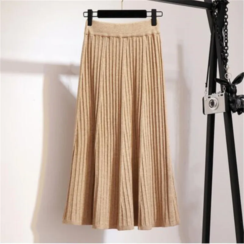 Эластичная высокая талия, модная плиссированная сумка, вязанная до бедра, половина длины, Осень-зима, Новая Вязаная одноцветная большая юбка дресс-код G808