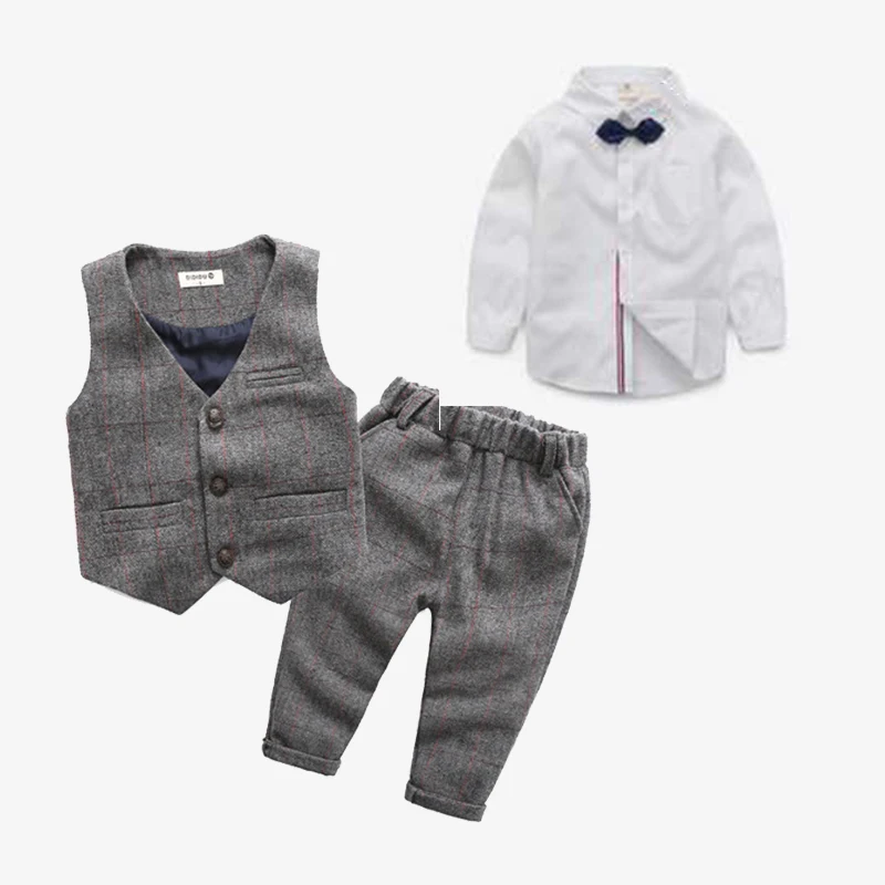 gray 3 pcs Комплекты одежды для новорожденных мальчиков хлопковые комбинезоны для джентльменов+ жилет+ шляпа, костюм модный комплект одежды для маленьких мальчиков на весну и осень - Цвет: gray 3 pcs