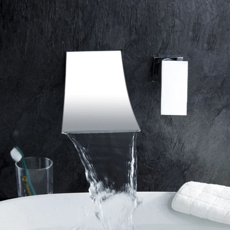 MOIIO Wall Mounted 2 Holes Basin Faucet Waterfall Spout Chrome Bathroom Washing Basin Tap Single Handle Hot Cold Basin Faucet