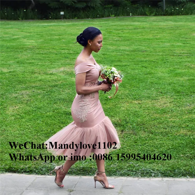 

2019 Latest African Mermaid Pink Bridesmaid Dress With Applique Lace Off the Shoulder Tea Length Wedding Guest Gowns Hot Sale