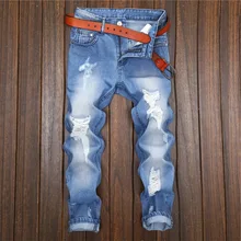 HOT 2019 Fashion Casual hip hop denim Ripped Hole Man cowboy leisure feet high street wind hole design straight jeans men modish solid color hole design narrow feet jeans for men