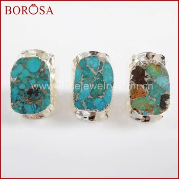 

BOROSA 5/10PCS Silver Color Natural Copper Turquoises Ring for Women Jewelry, Fashion Natural Blue Stone Rings Jewelry S1458