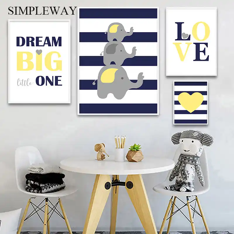 Affiche En Toile Bleu Marine Jaune Decoration Murale Imprimee Decoration Nordique Image De Chambre De Bebe Garcon Aliexpress