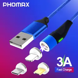 PHOMAX Магнитный usb-кабель светодиодный для iPhone Xs 8 и USB кабель typec и Micro USB нейлоновый Плетеный для samsung S8 S9 Xiaomi huawei USB C