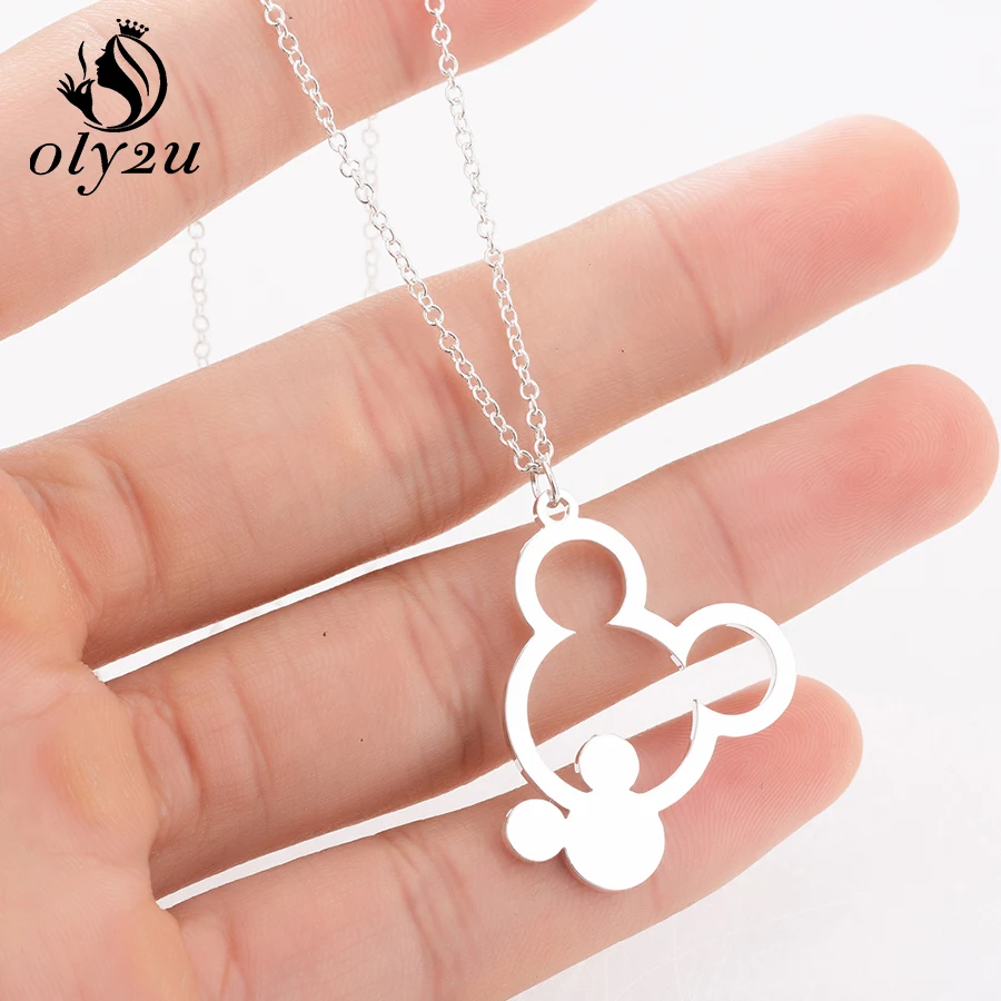 

Oly2u Sliver Mouse Mickey Necklace For Women Pendant Necklaces Statement Stainless Steel Chokers Long Necklaces collier femme
