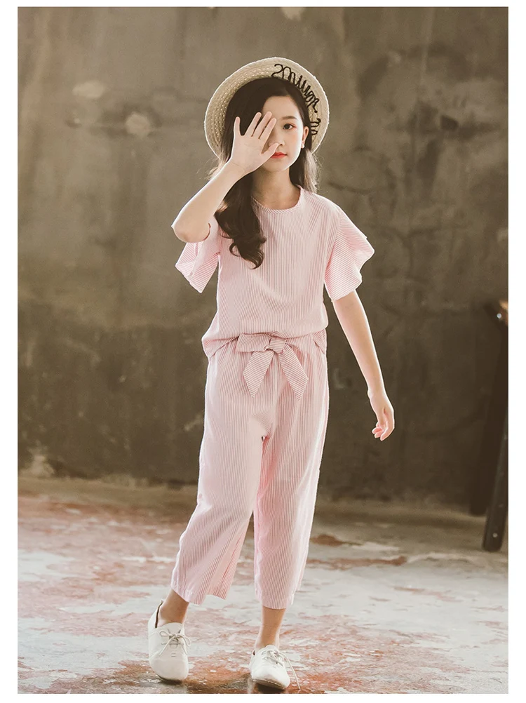 Летние хлопковые полосатые комплекты в китайском стиле с рюшами из 2 предметов простые школьные наряды для девочек-подростков возрастом от 4 до 14 лет, футболка+ штаны для больших девочек