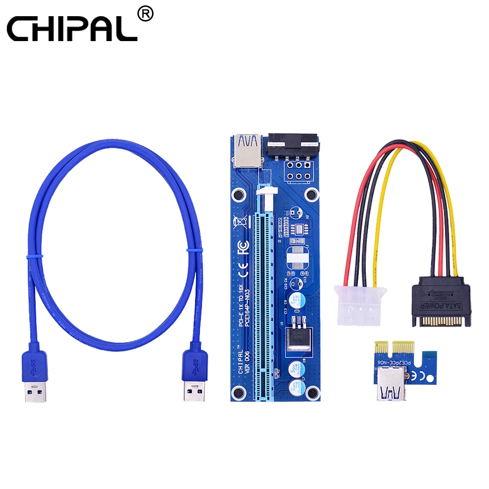 

CHIPAL VER006 100CM PCI-E Riser Card PCI Express PCIE 1X 16X Adapter SATA to 4Pin Power USB 3.0 Cable for Bitcoin Miner Mining