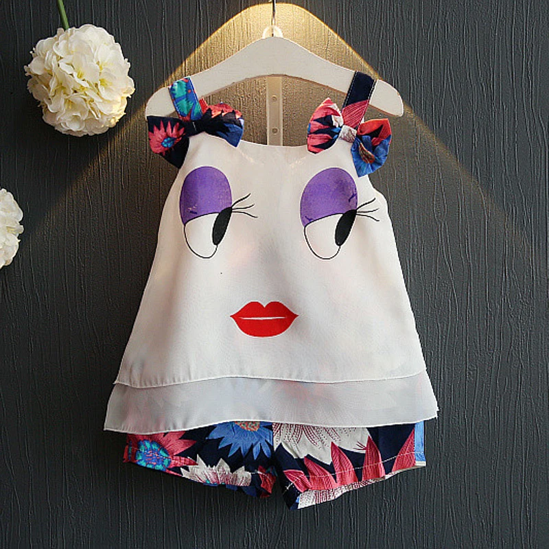 

Brand New 2019 Summer Girl Clothes Suit Cute Big Eye Sling T-Shirt+Printed Shorts 2PCS Set Clothes for Baby Girls