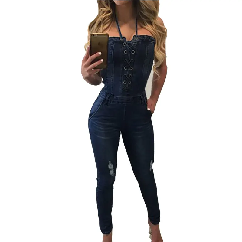 Women Ripped Denim Jumpsuits Denim Strapless Overalls Sexy Halter Neck