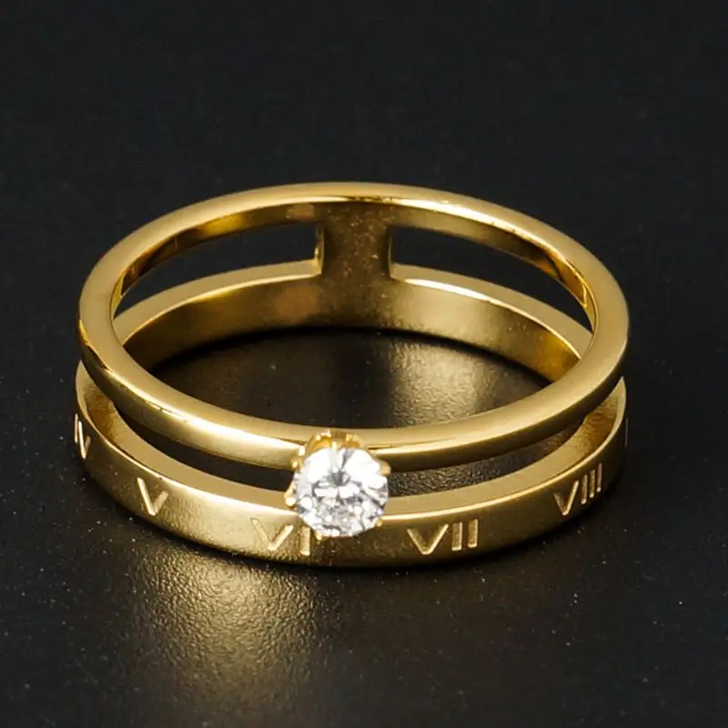

Luxury Crystal Hollow Out Ring Elegant Roman Numerals Rings for Women Gold Color Titanium Stainless Steel Ring Brand Jewelry