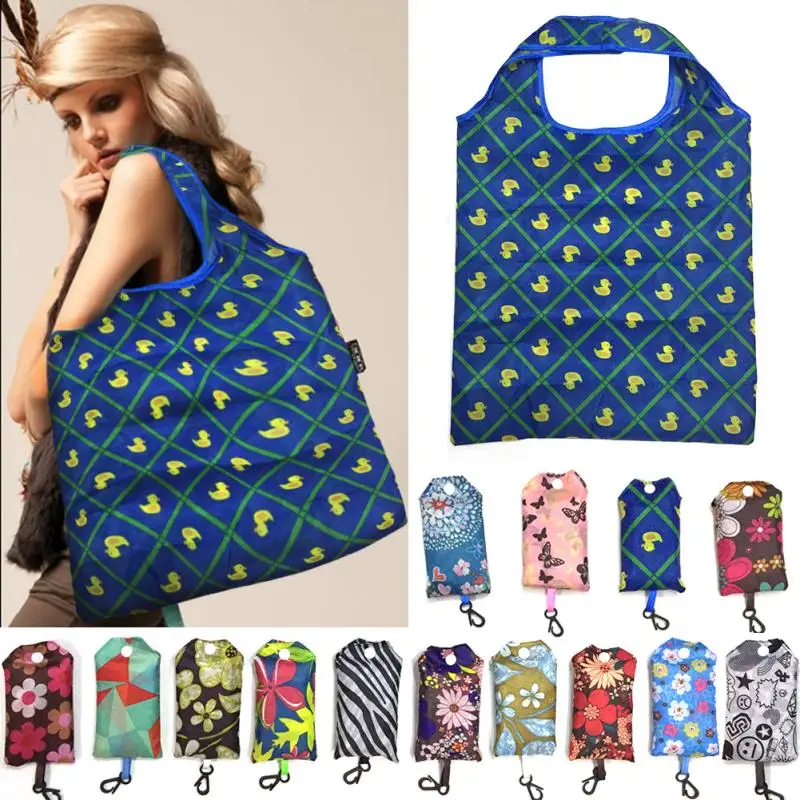 

Nylon Folding Portable Shopping Handbags Holiday Laundry Bags Floral Printing Reusable Large Women Shoulder Shopping Bags