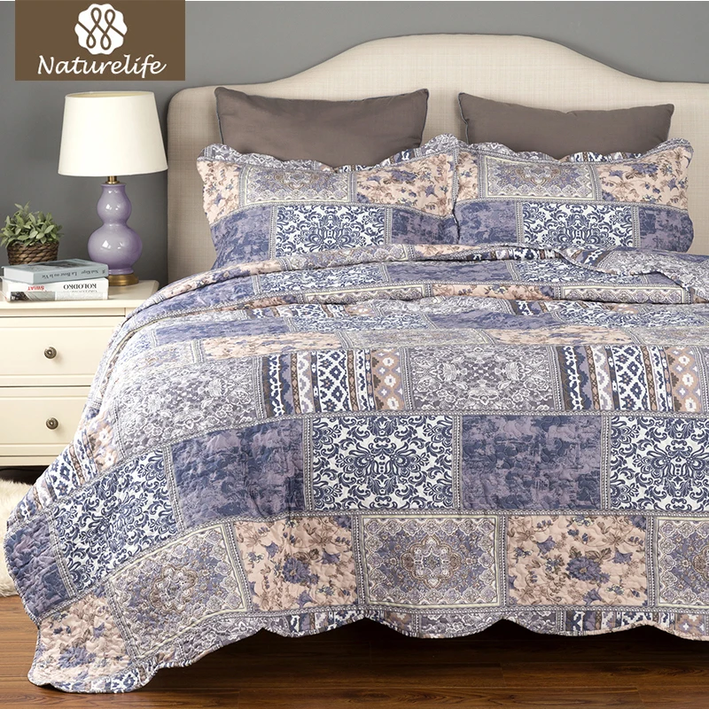 Naturelife Blue Blending Plaid Bedclothes 3 pcs Lightweight Quilted Bed